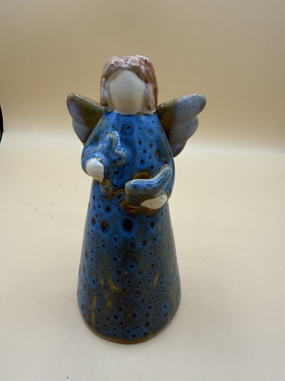 Handmade Studio Pottery Angel Figurine Blue Speckled Ceramic Dove Cross 6”